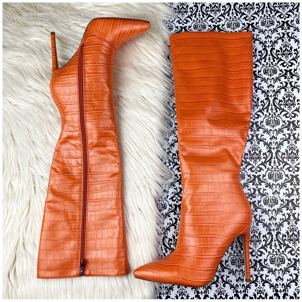 AKIRA : size : 7 : Azalea Wang Orange Crocodile Knee-High stiletto heel boots - Picture 2 of 7